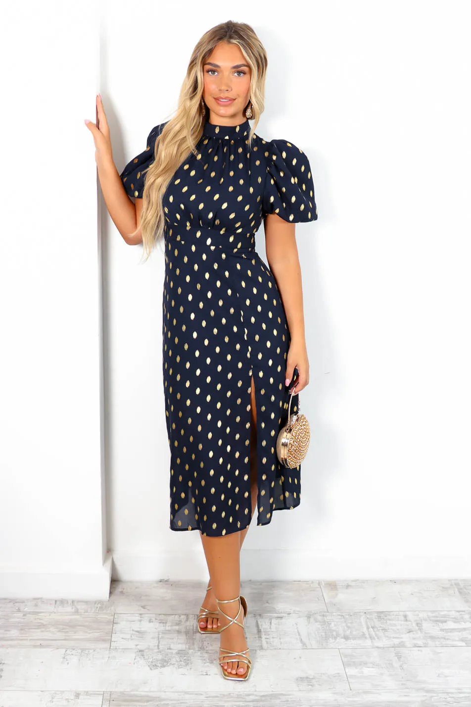 Got The Flower - Navy Gold Foil Midi Dress