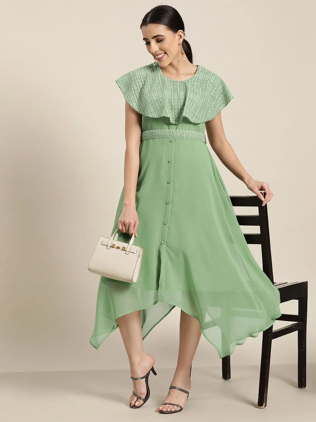 Juniper Sagegreen Georgette Embroidered Assymmetric Dress with Belt