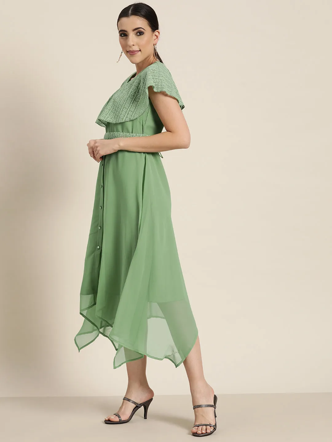 Juniper Sagegreen Georgette Embroidered Assymmetric Dress with Belt