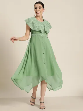 Juniper Sagegreen Georgette Embroidered Assymmetric Dress with Belt