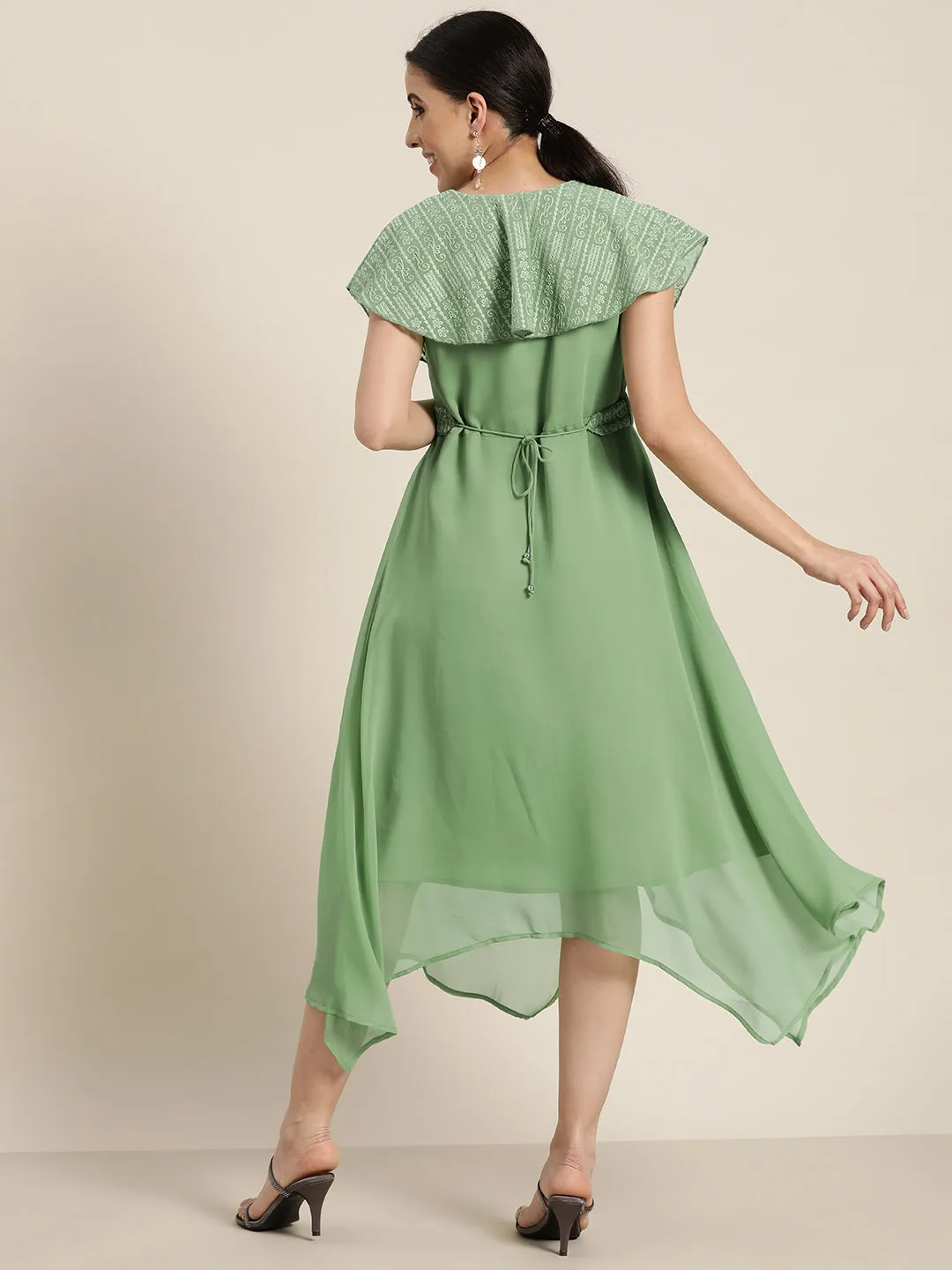 Juniper Sagegreen Georgette Embroidered Assymmetric Dress with Belt