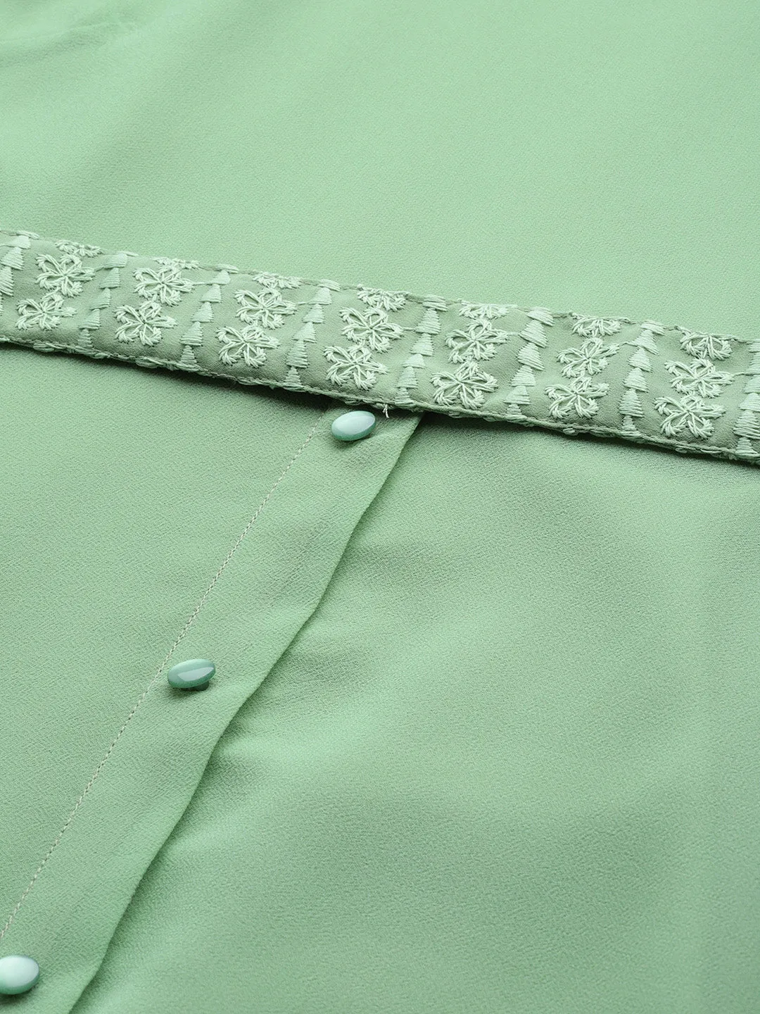Juniper Sagegreen Georgette Embroidered Assymmetric Dress with Belt
