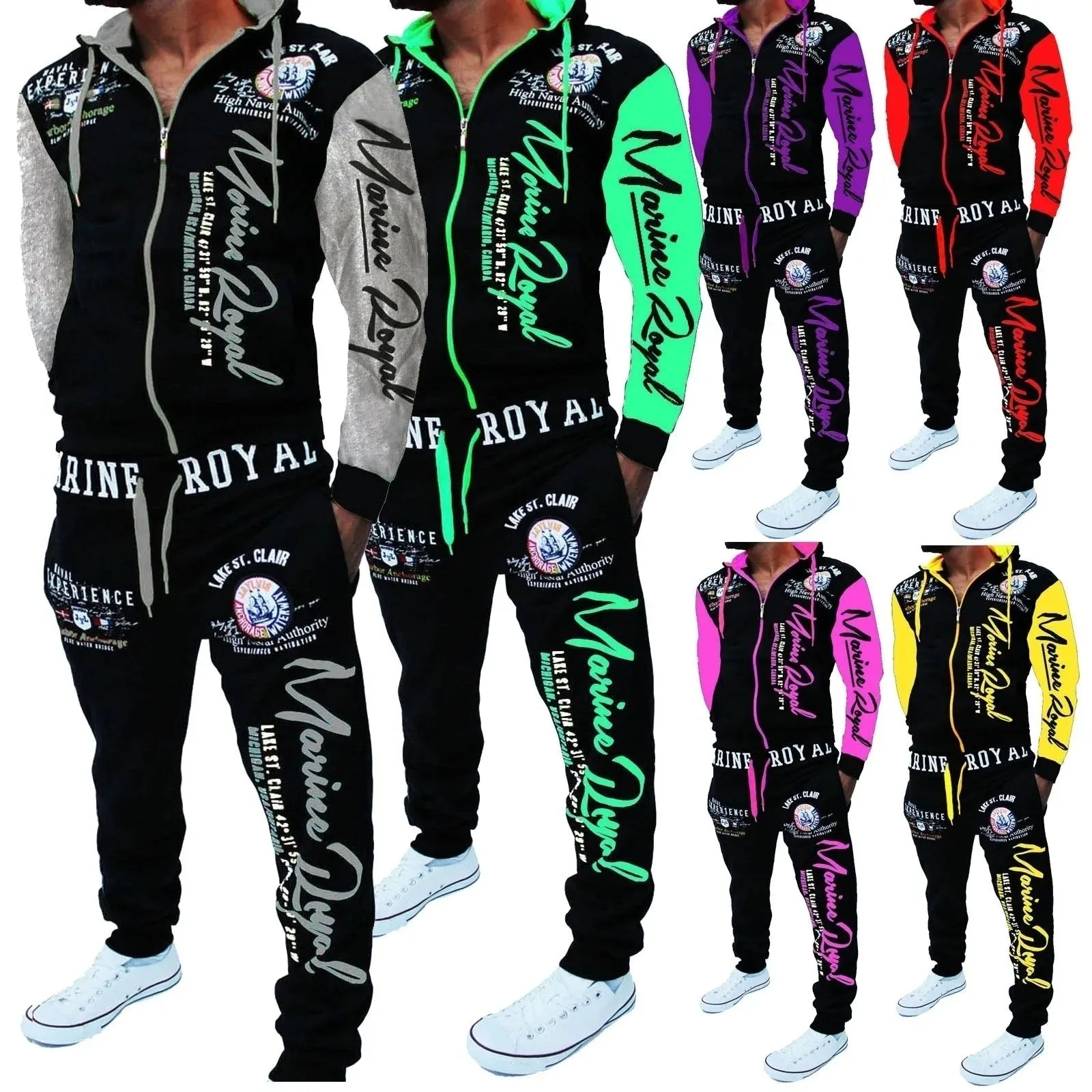 Men's Casual Tracksuit Full Zip Hooded Elastic Waistband Trousers Sweat Suit Set | 7101