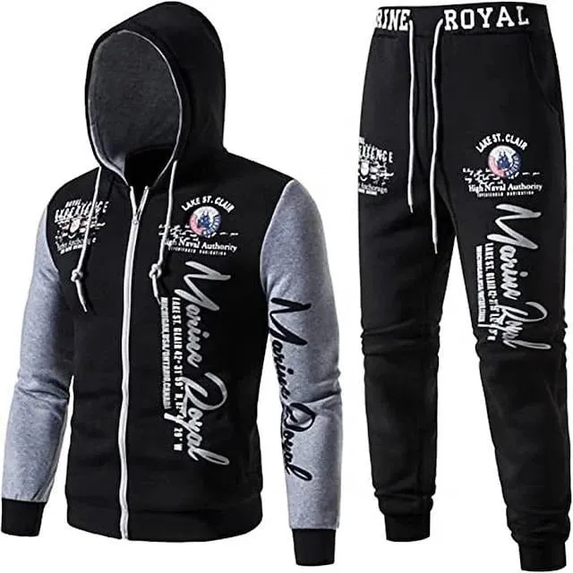 Men's Casual Tracksuit Full Zip Hooded Elastic Waistband Trousers Sweat Suit Set | 7101