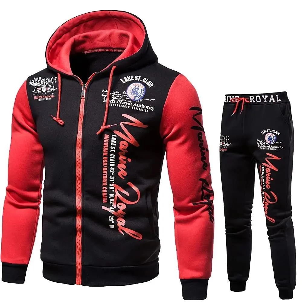 Men's Casual Tracksuit Full Zip Hooded Elastic Waistband Trousers Sweat Suit Set | 7101