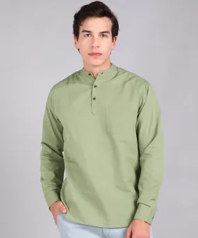 Men's Green Cotton Full Sleeve Slim Fit Solid Shirt with Mandarin Collar