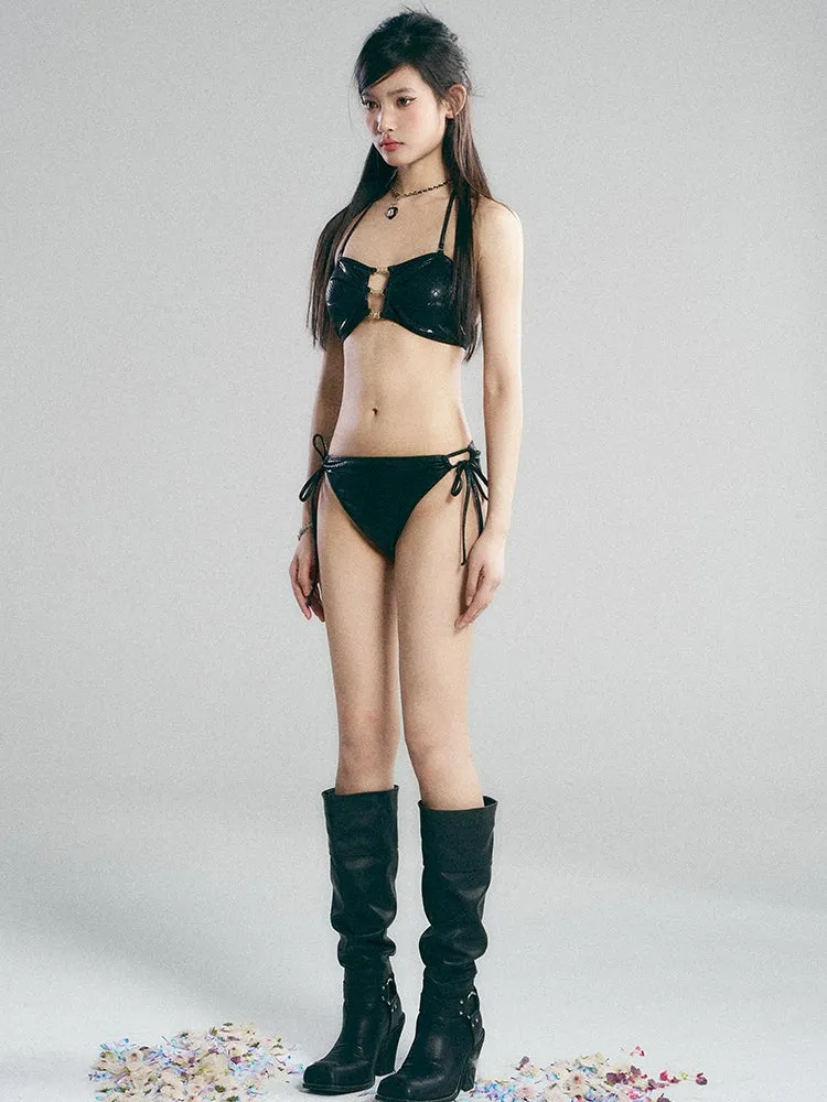 Metallic Crocodile-Print Chain Bikini Top with Wrap Skirt Swim Set