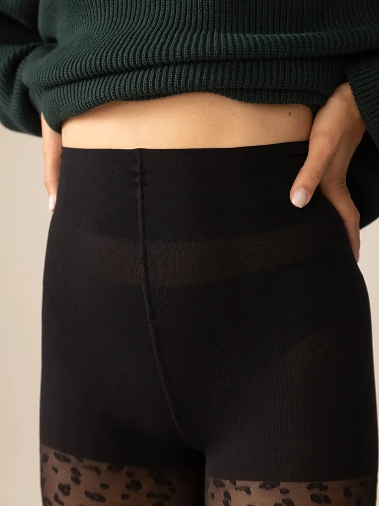 Mini Leopard Smoothing Waistband Tights in Black
