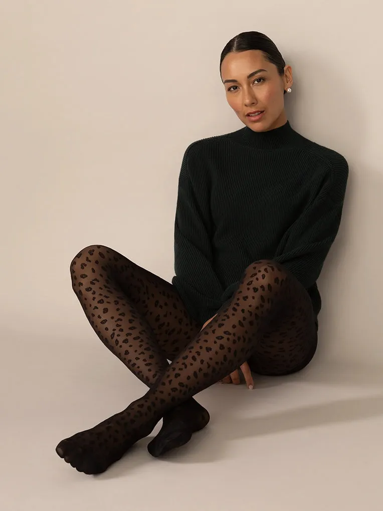 Mini Leopard Smoothing Waistband Tights in Black