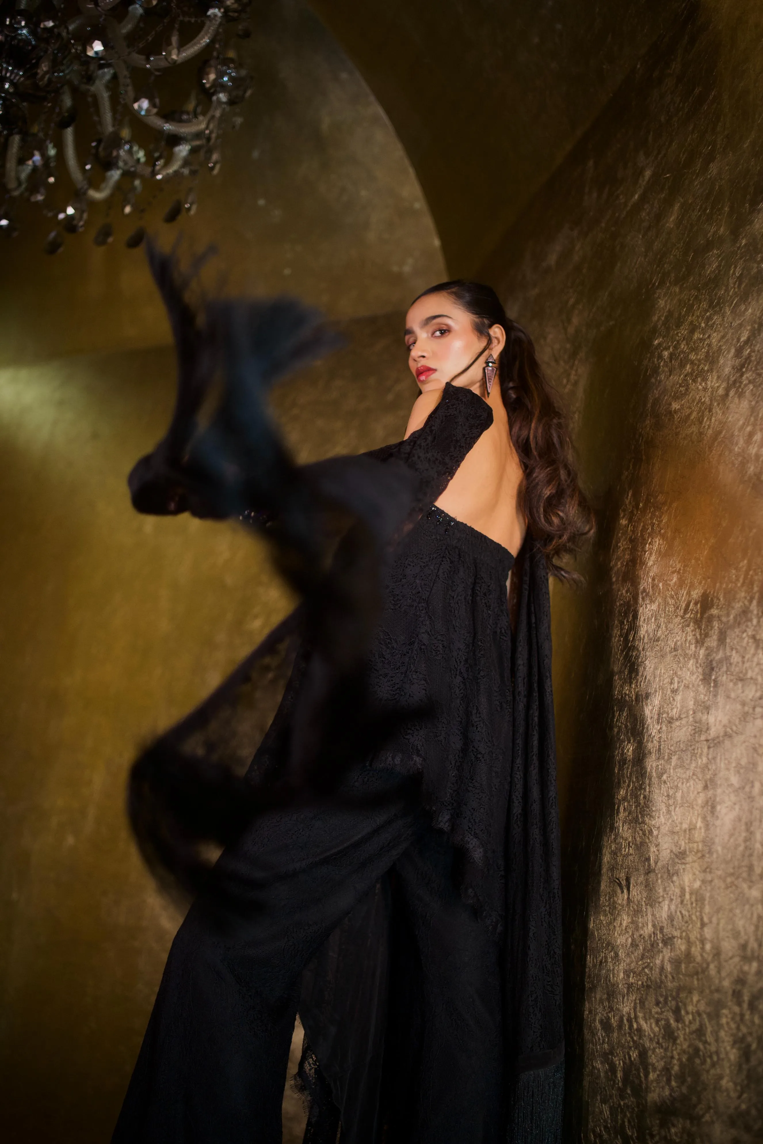 OBSIDIAN BLACK TUBE ASYMETTICAL TUNIC WITH DUPATTA