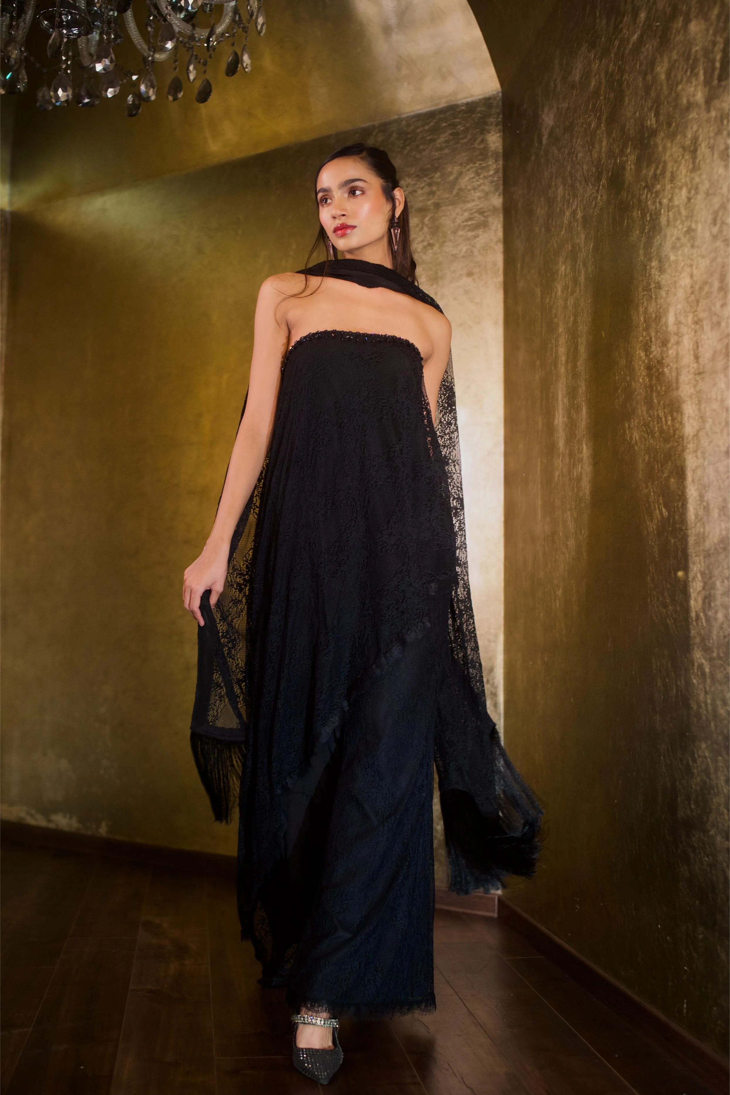 OBSIDIAN BLACK TUBE ASYMETTICAL TUNIC WITH DUPATTA