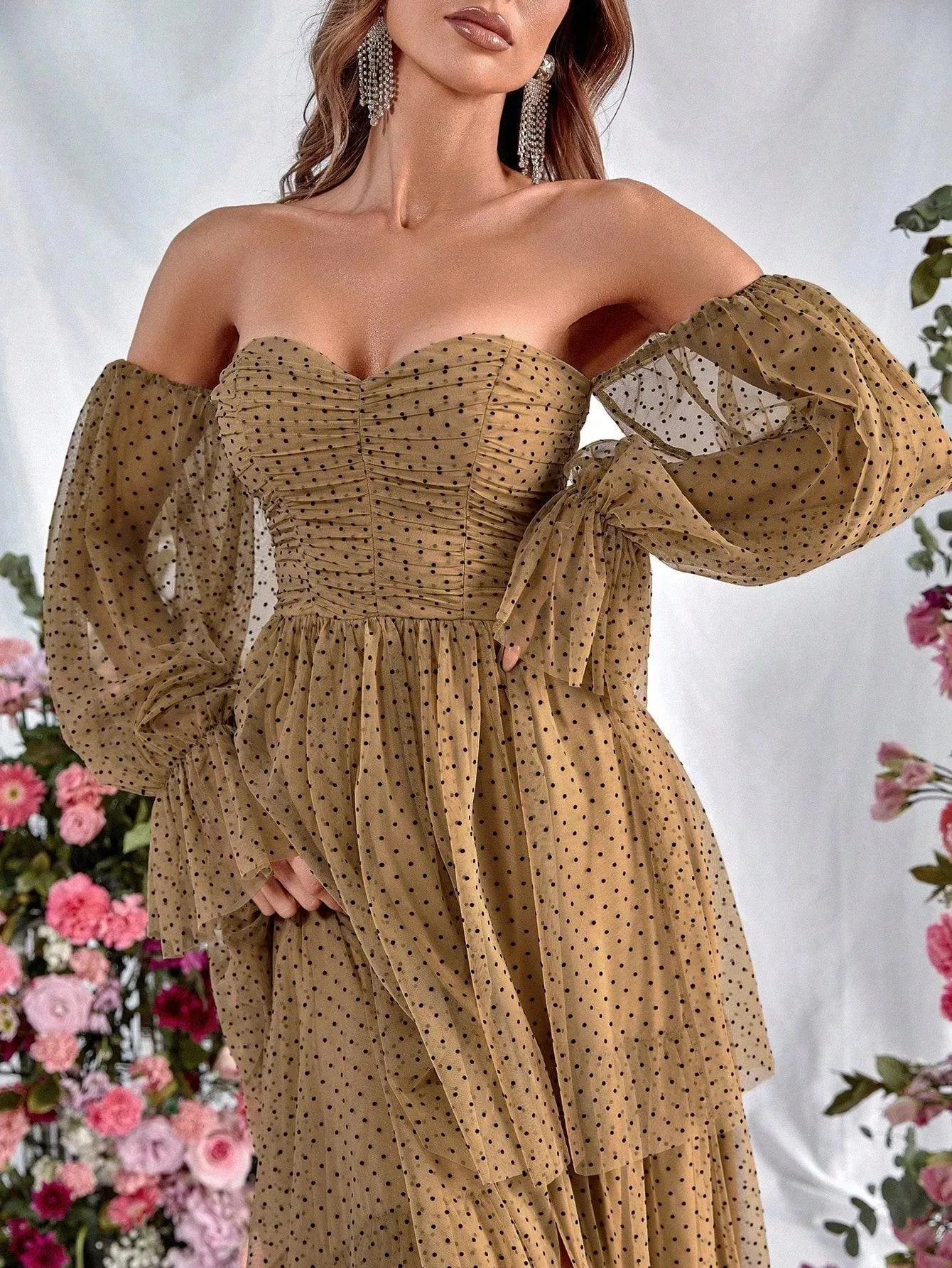 Off Shoulder Lantern Sleeves Polka Dot Layered Dress
