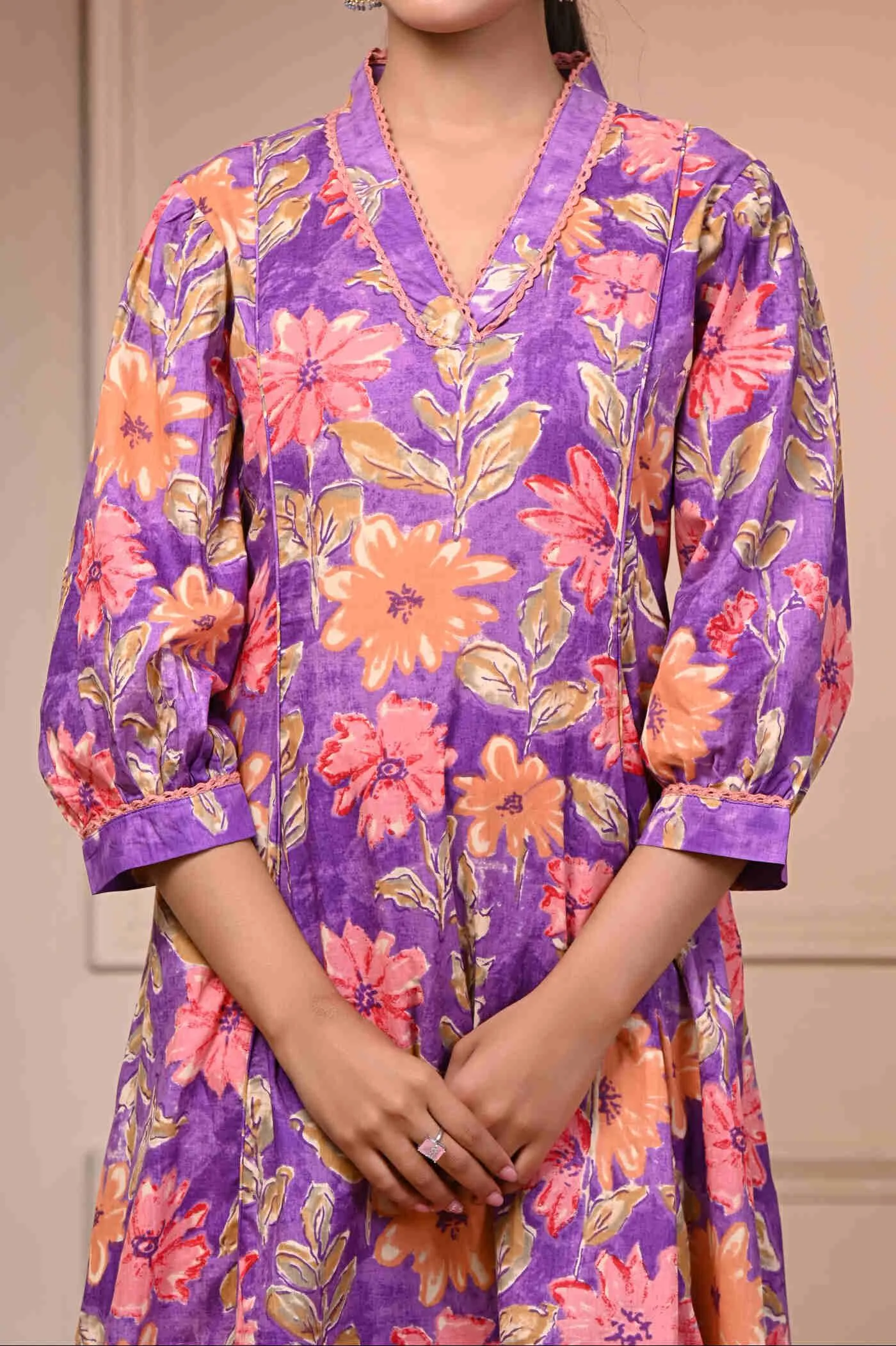 Purple Flower Print Kurti and Pant Set 