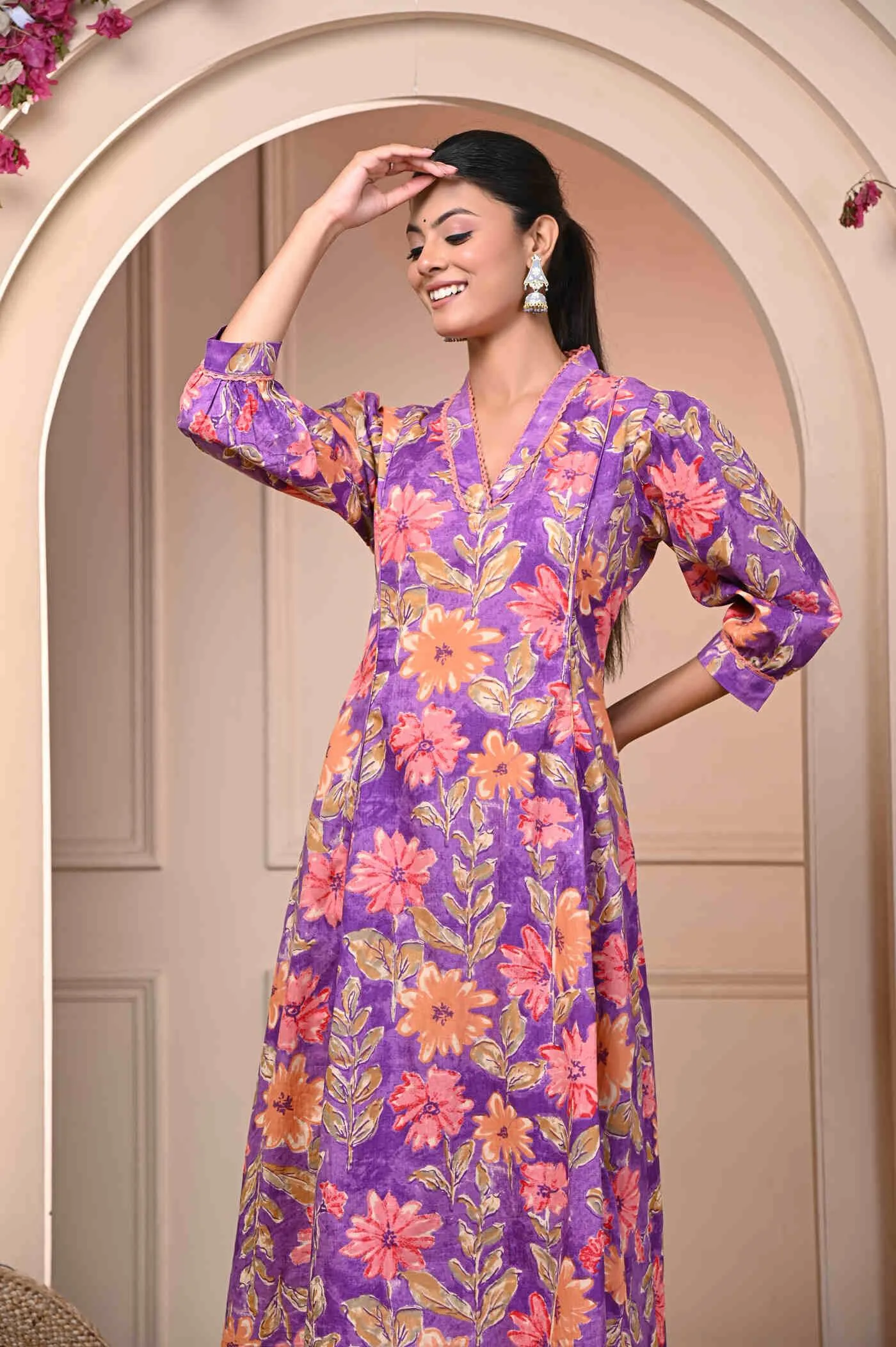 Purple Flower Print Kurti and Pant Set 