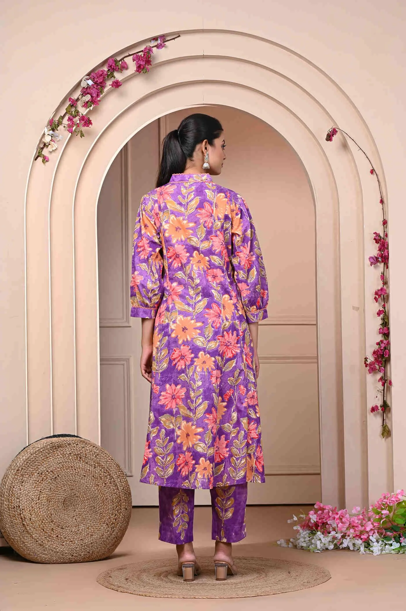 Purple Flower Print Kurti and Pant Set 
