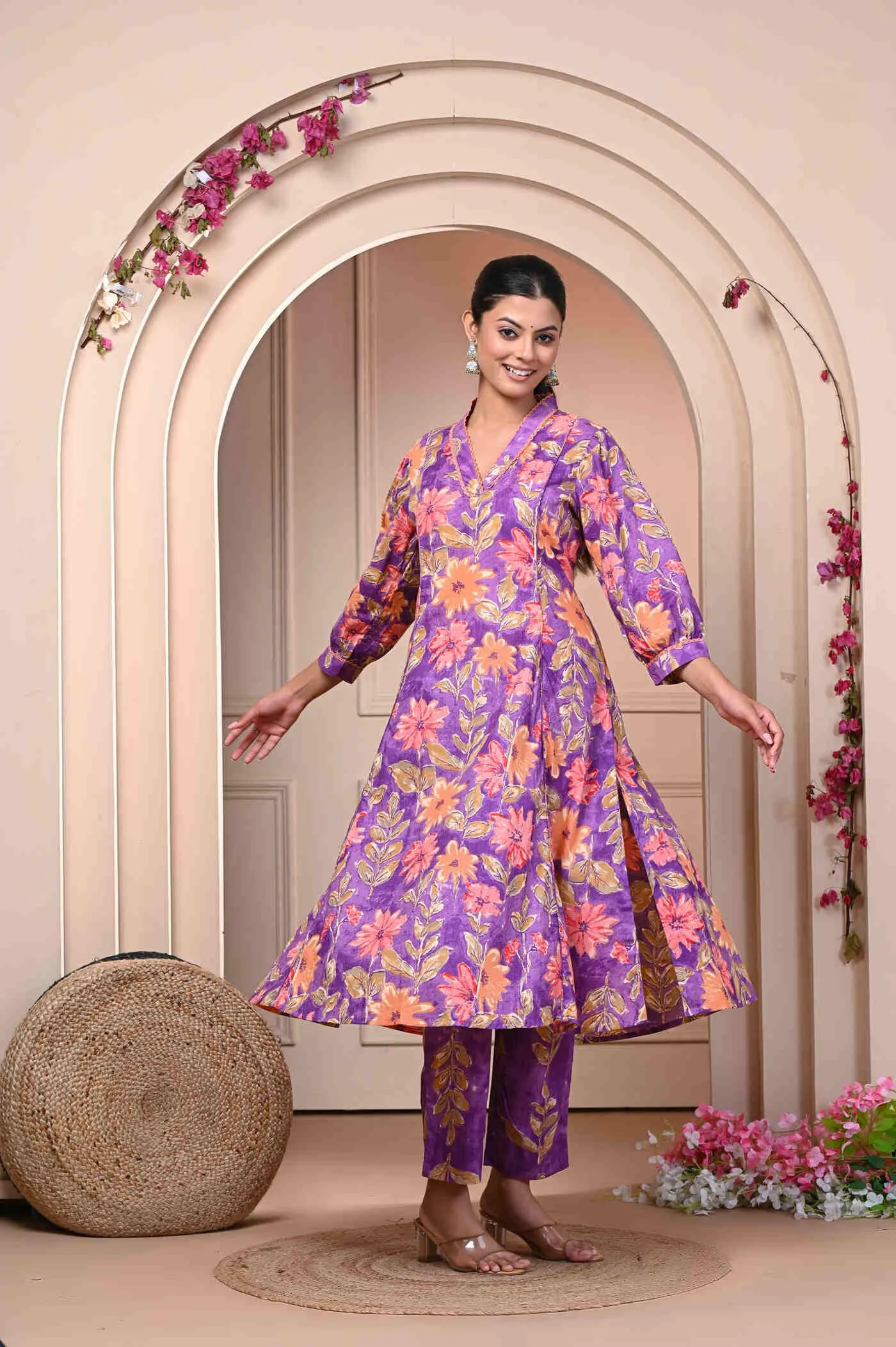 Purple Flower Print Kurti and Pant Set 