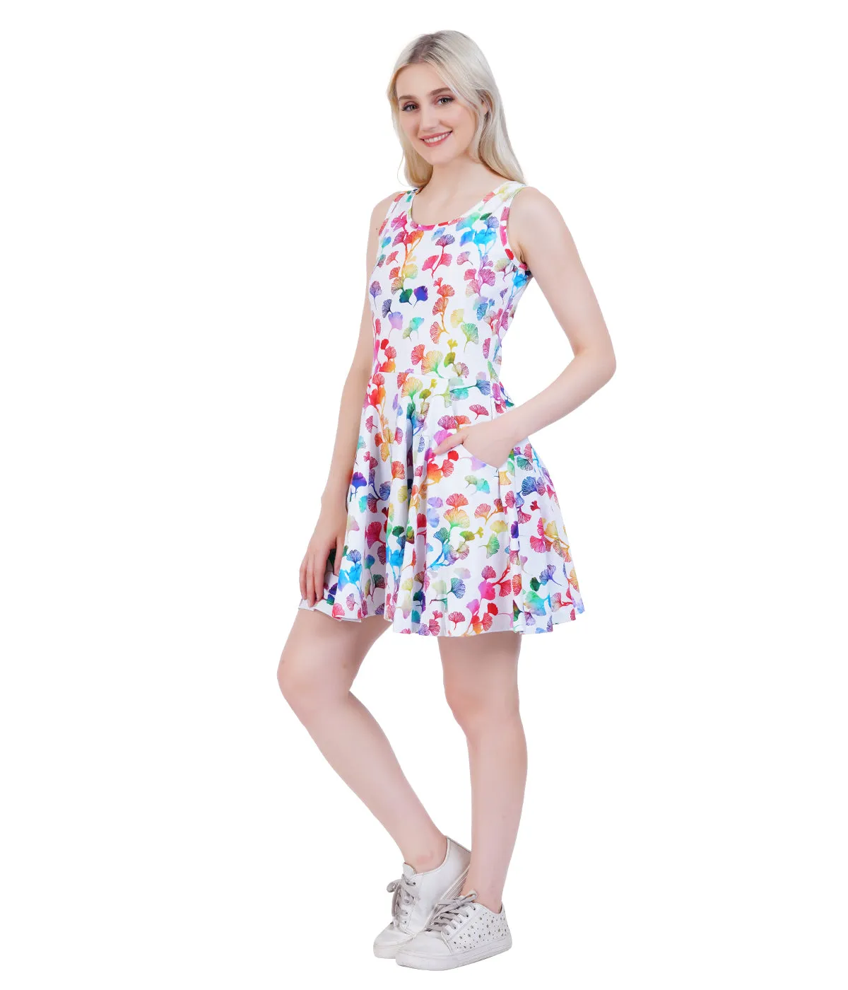 Rainbow Ginkgo Leaves Skater Dress