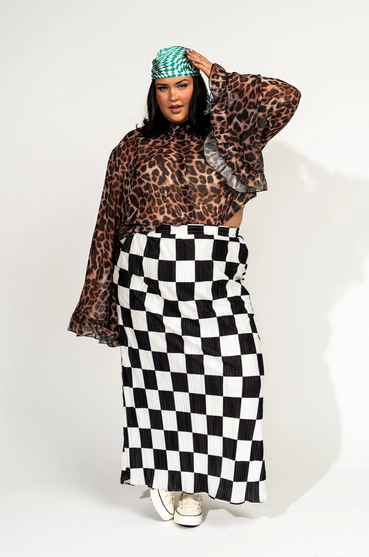 Santorini Midi Plisse Skirt in Black   White Check *RESTOCKED*