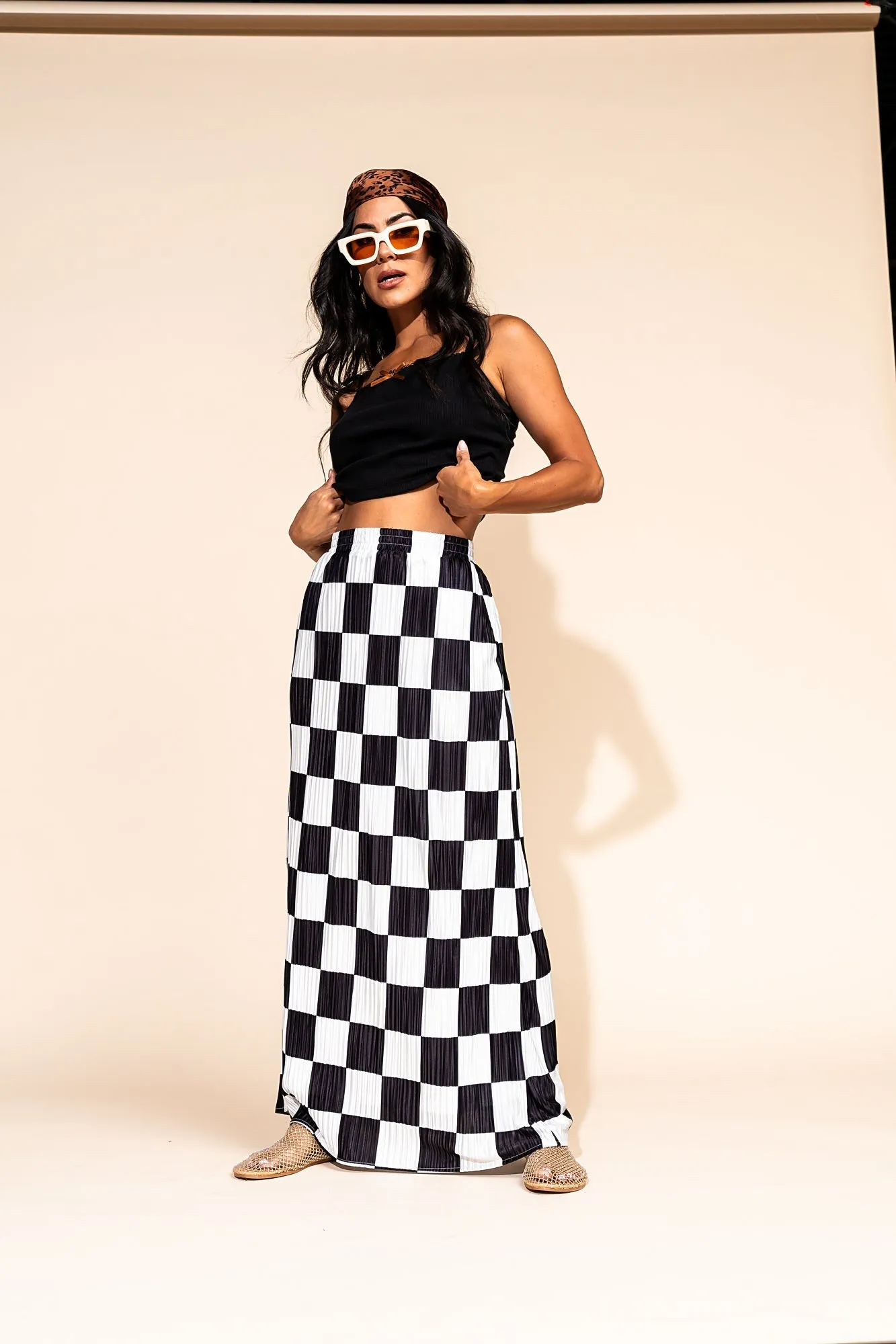 Santorini Midi Plisse Skirt in Black   White Check *RESTOCKED*