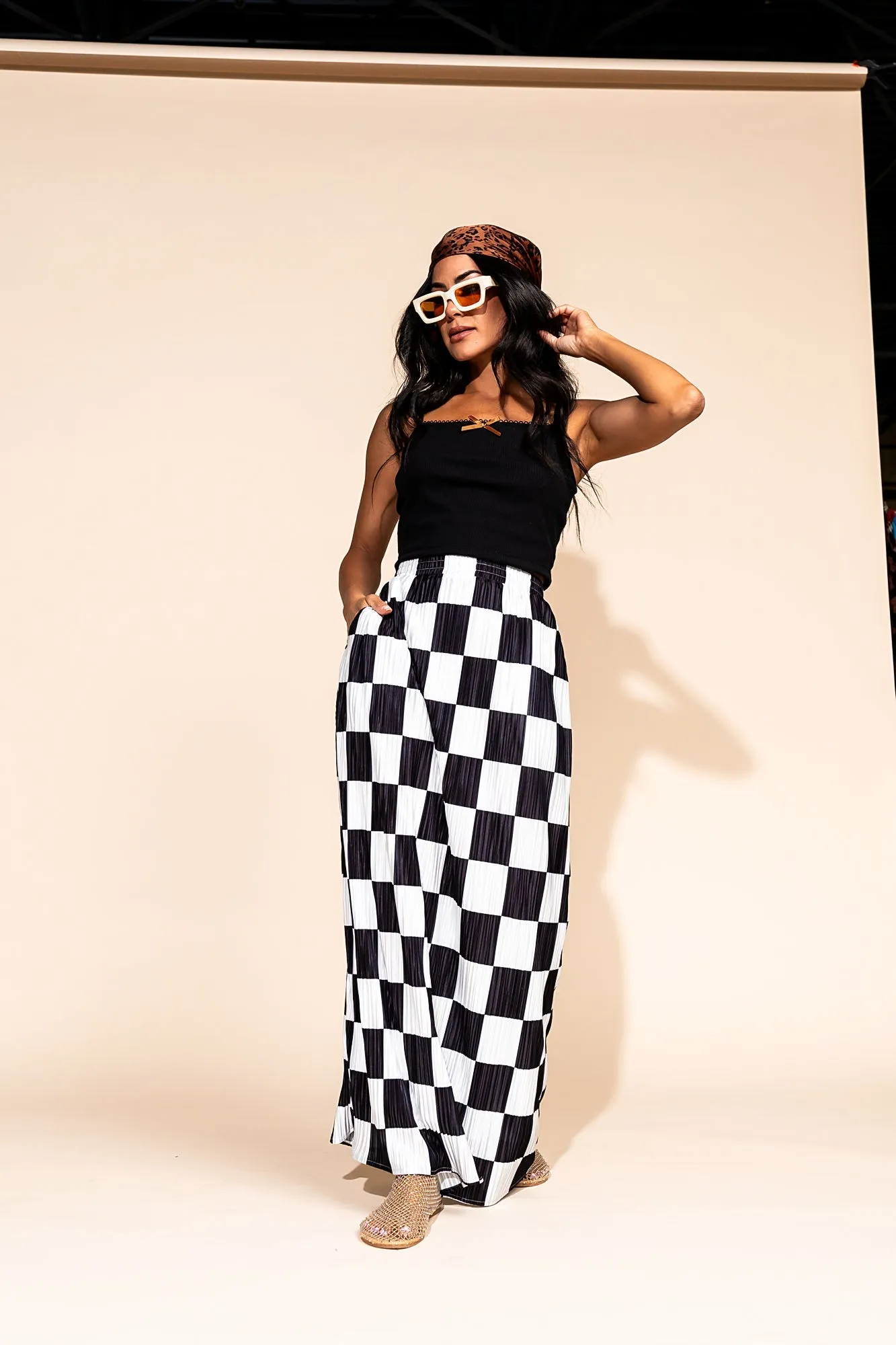 Santorini Midi Plisse Skirt in Black   White Check *RESTOCKED*