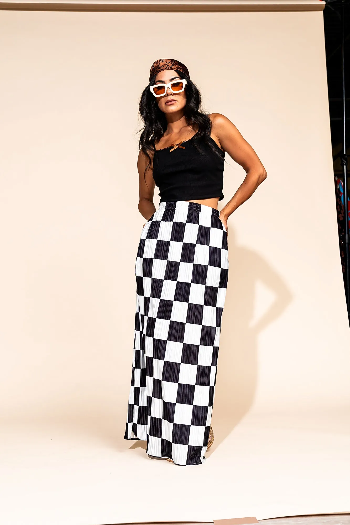 Santorini Midi Plisse Skirt in Black   White Check *RESTOCKED*