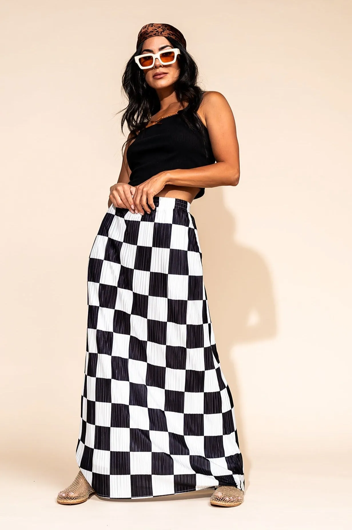 Santorini Midi Plisse Skirt in Black   White Check *RESTOCKED*