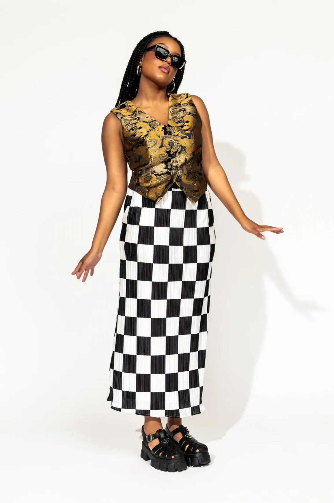 Santorini Midi Plisse Skirt in Black   White Check *RESTOCKED*