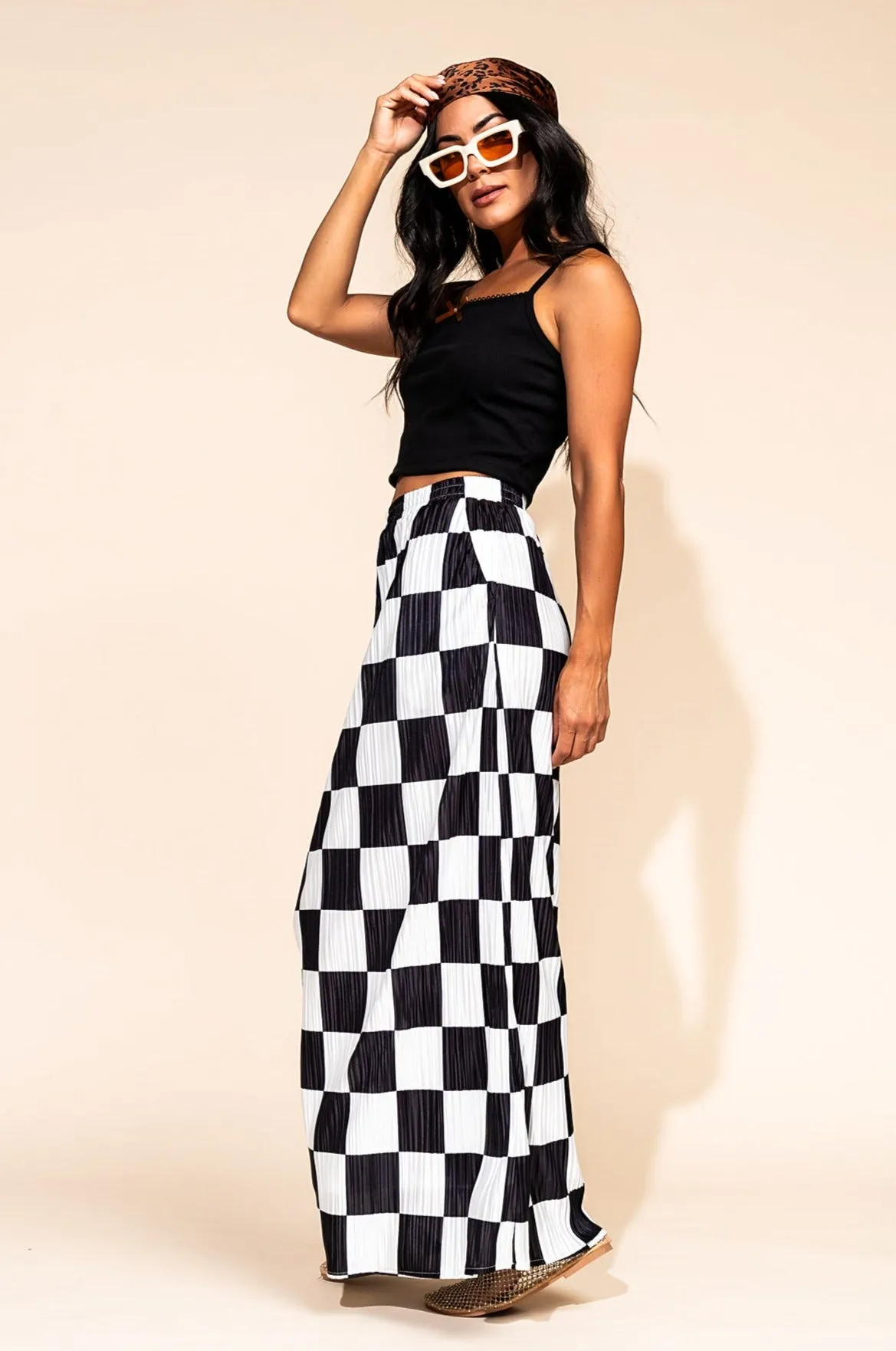 Santorini Midi Plisse Skirt in Black   White Check *RESTOCKED*