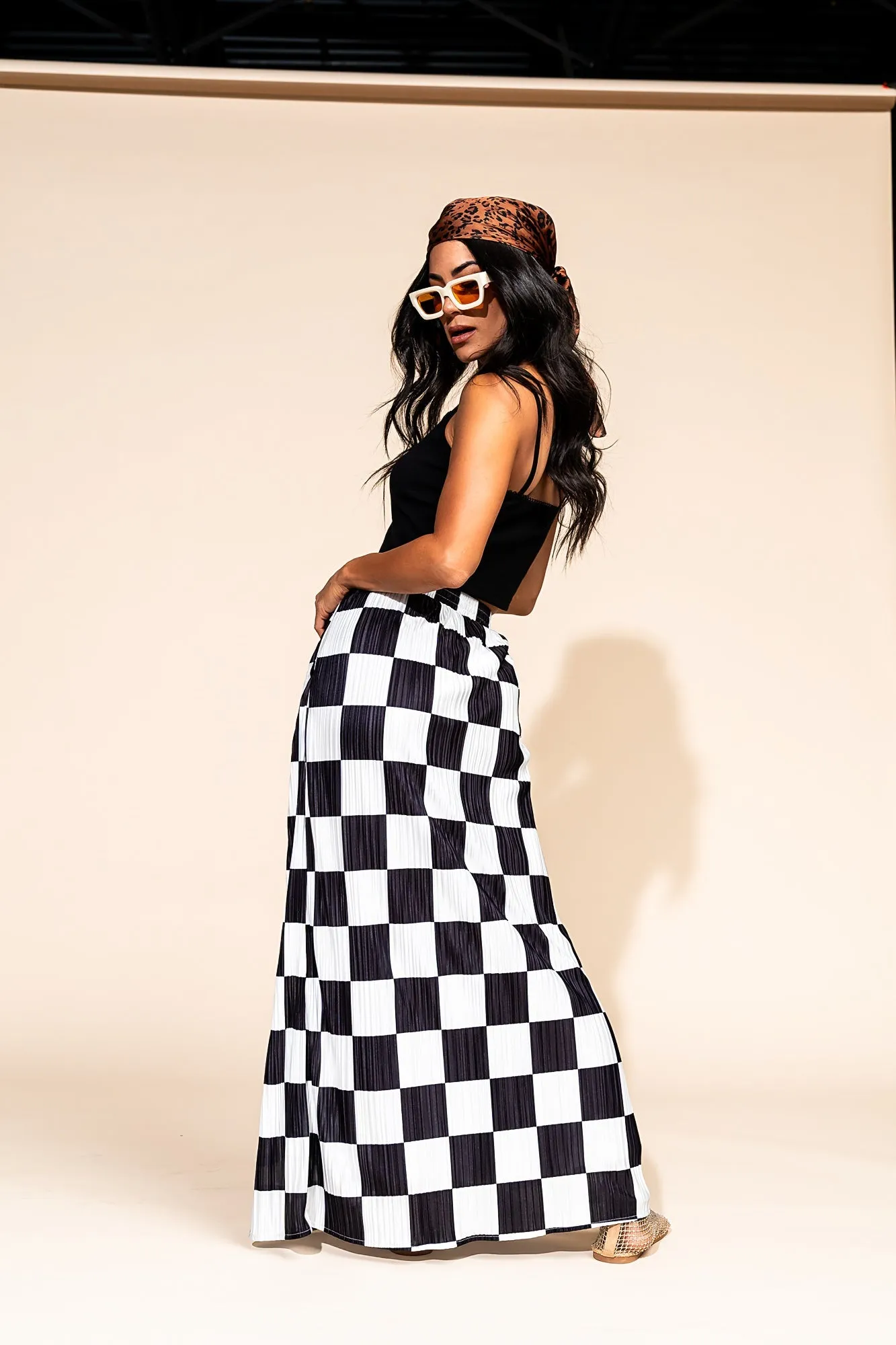 Santorini Midi Plisse Skirt in Black   White Check *RESTOCKED*