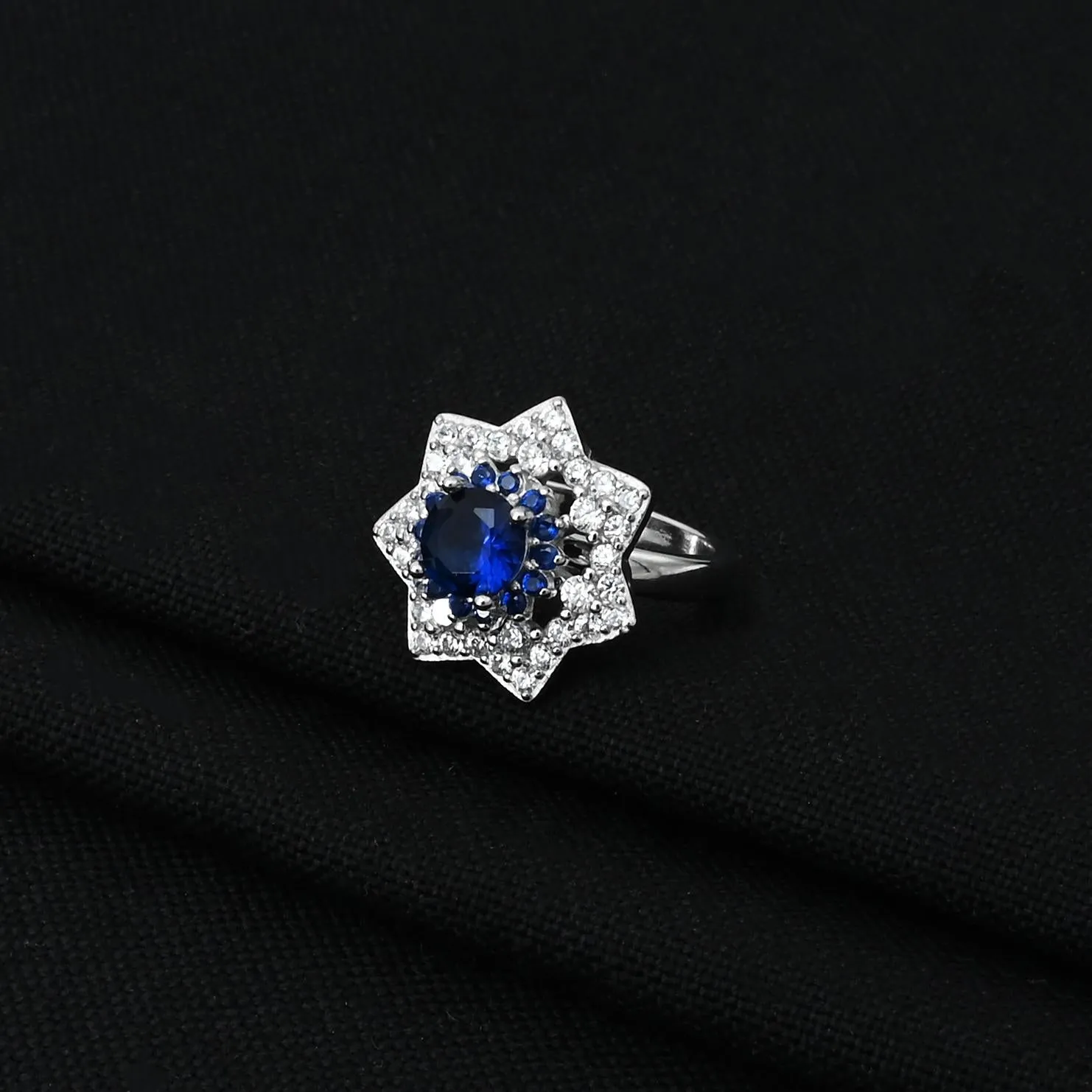Silver Blue Flower Floater Ring