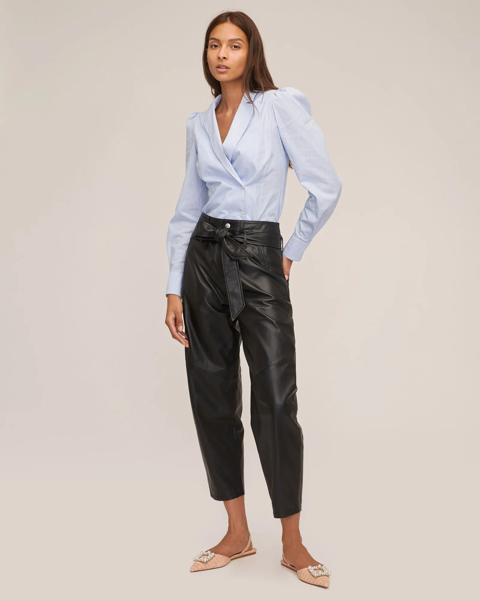 Stevie Barrel Leg Leather Pant in Black