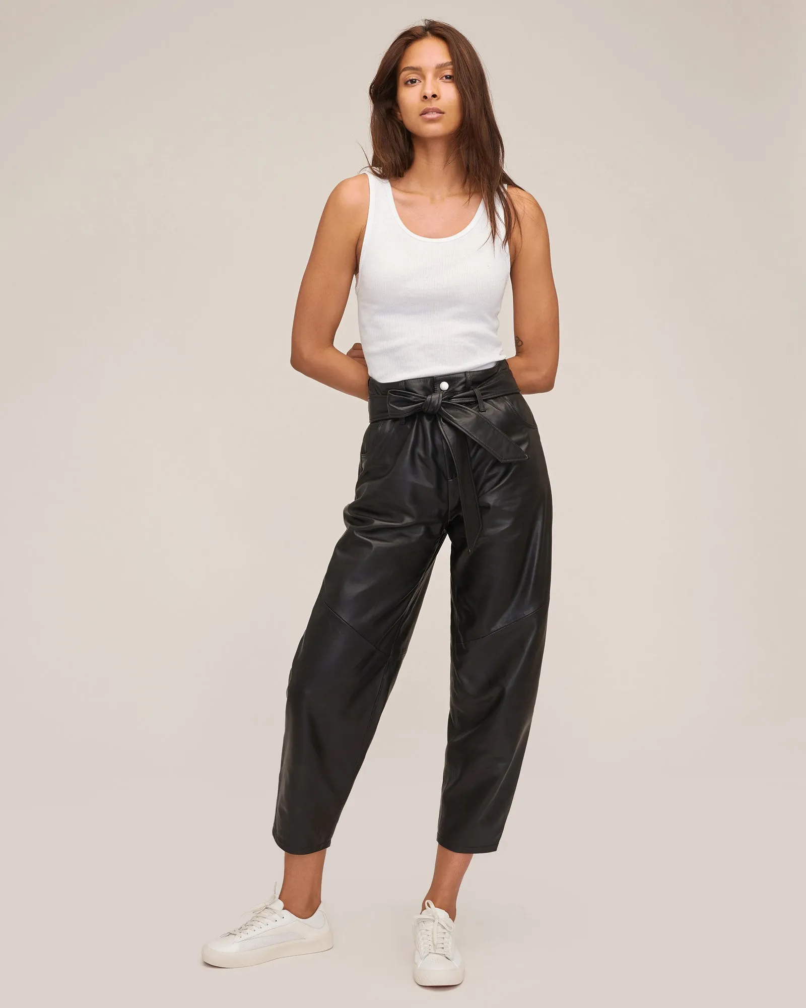Stevie Barrel Leg Leather Pant in Black