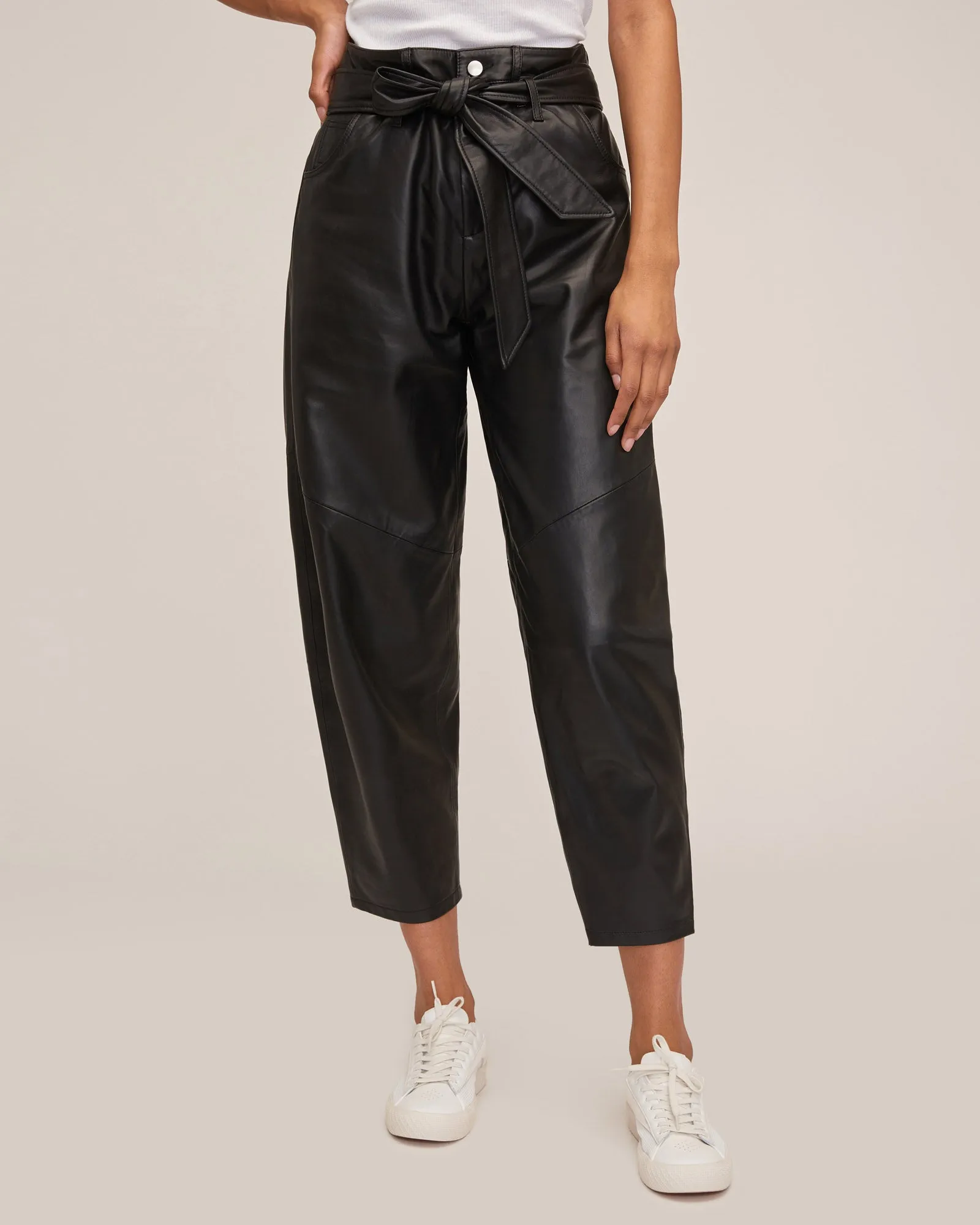 Stevie Barrel Leg Leather Pant in Black
