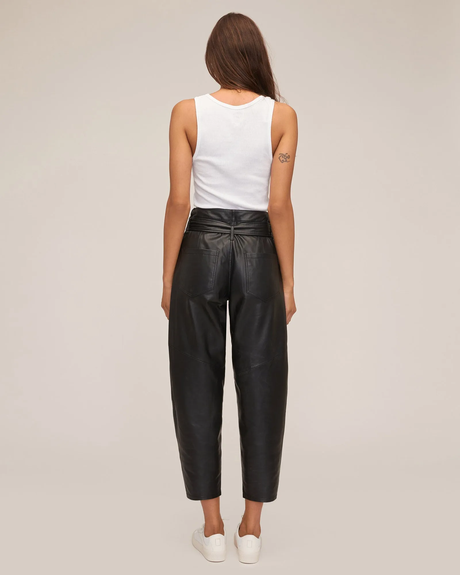 Stevie Barrel Leg Leather Pant in Black