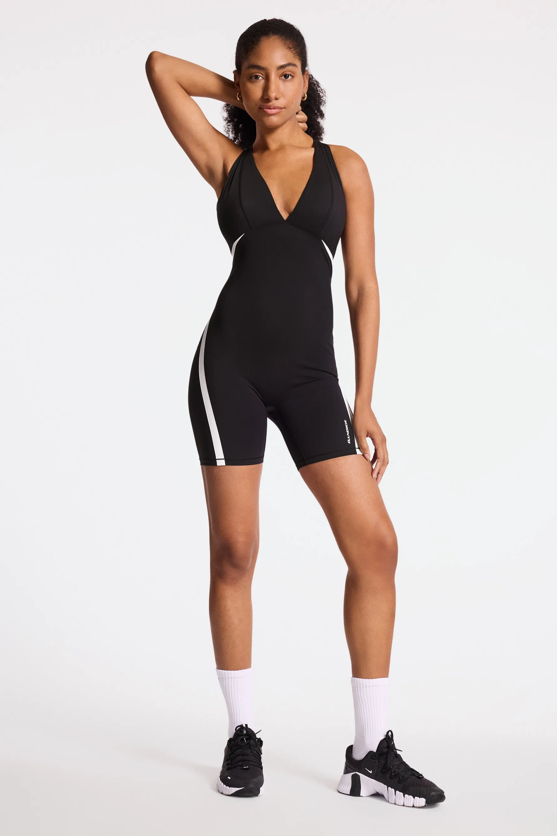 V-Neck Plunge Contrast Short Catsuit - Black/white