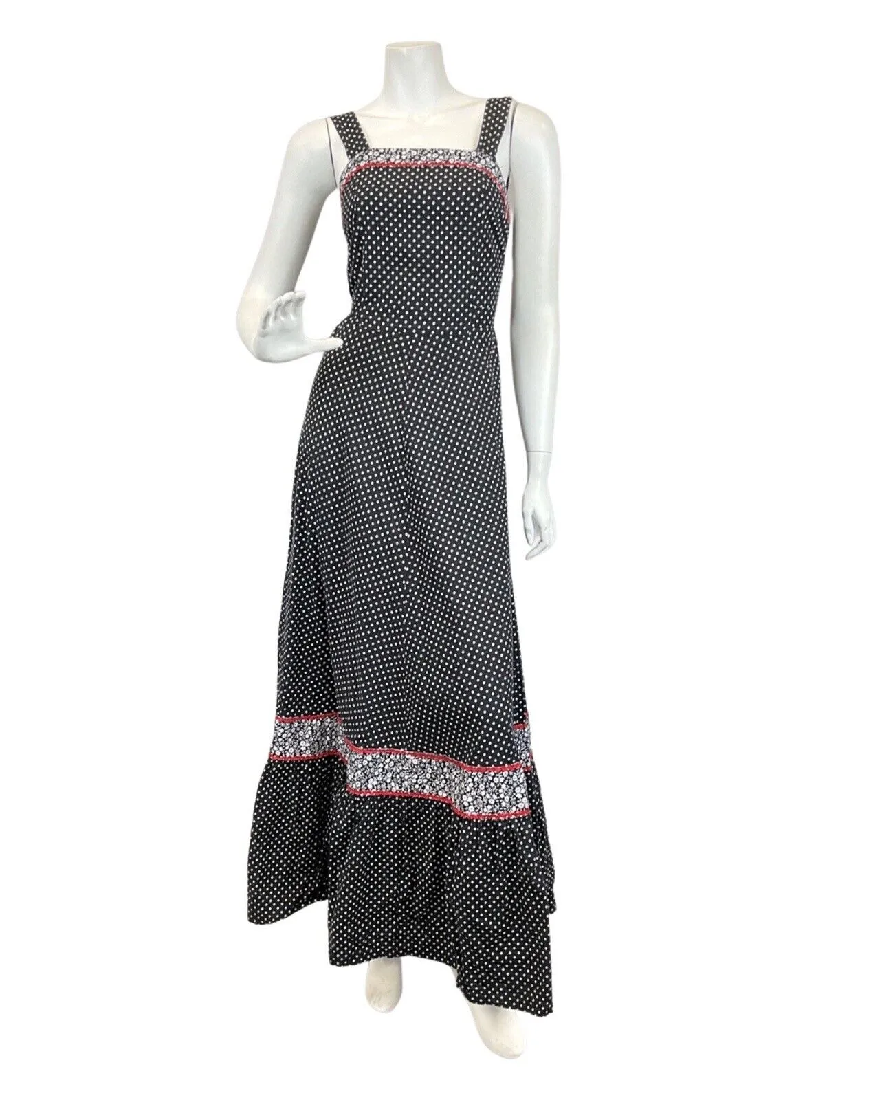 VINTAGE 60s 70s BLACK WHITE RED POLKA-DOT RIC-RAC MOD SLEEVELESS MAXI DRESS 4