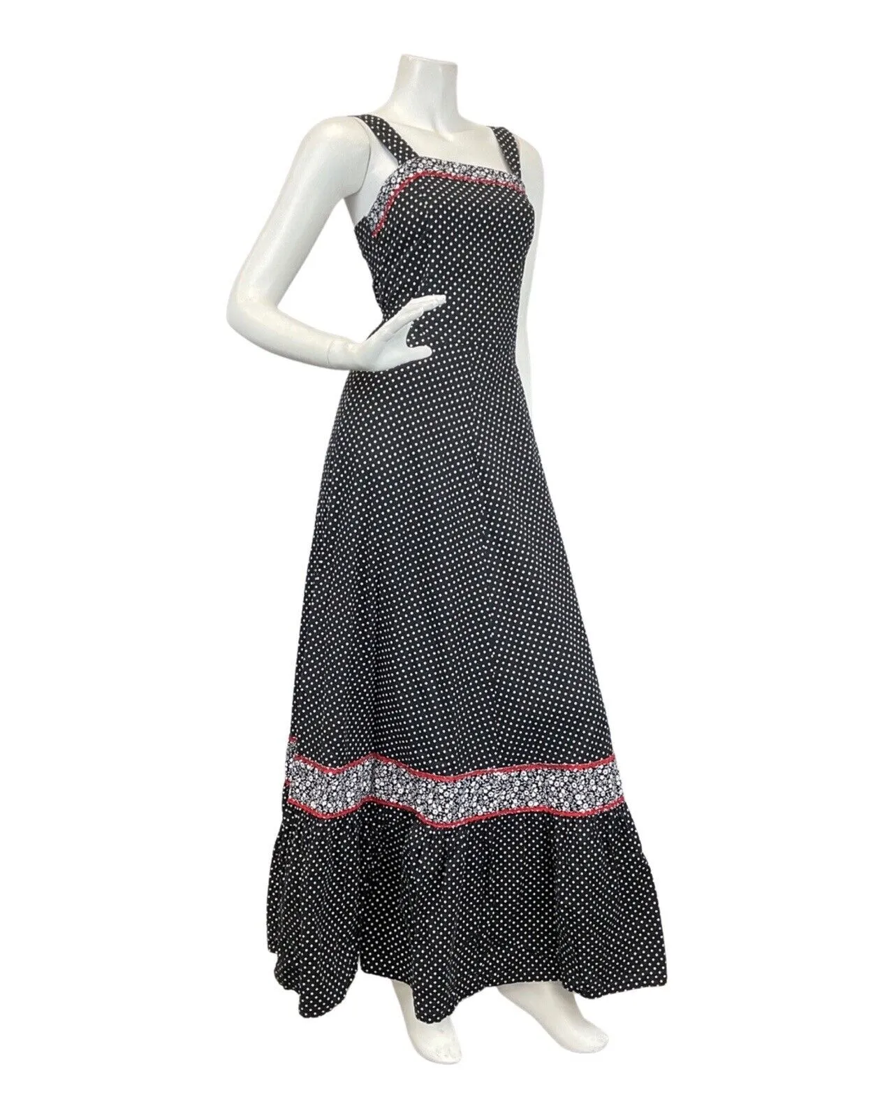 VINTAGE 60s 70s BLACK WHITE RED POLKA-DOT RIC-RAC MOD SLEEVELESS MAXI DRESS 4