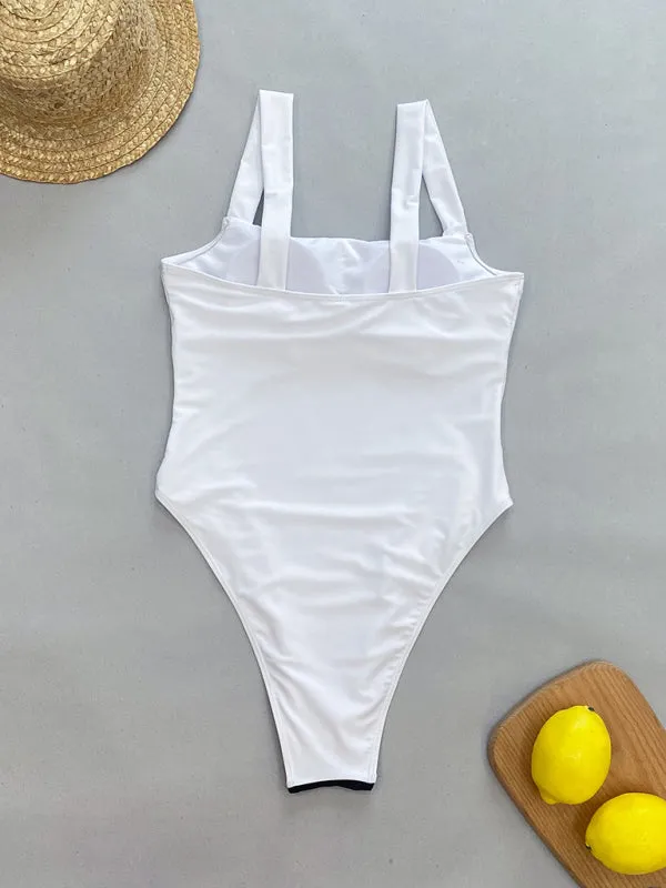Women's Elegant Black And White Colour Block Swimsuit