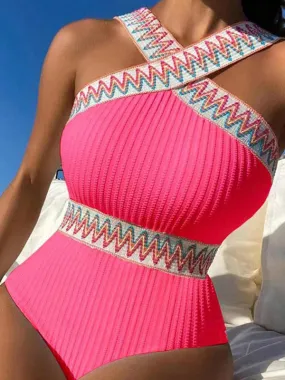 Women's Solid Colour Simple Swimsuit With Front Cross Design